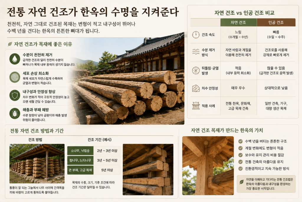 한옥 목재의 자연 건조와 인공 건조 차이 및 내구성을 설명한 이미지